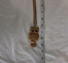 Vintage Articulated Owl Brown Jewel Eyes Pendant Necklace Gold Tone 60s-70s