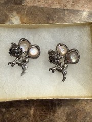 Vintage Set of 2 Fairy Elf Pixie Imp Sterling Brooch Pin Abalone Wings