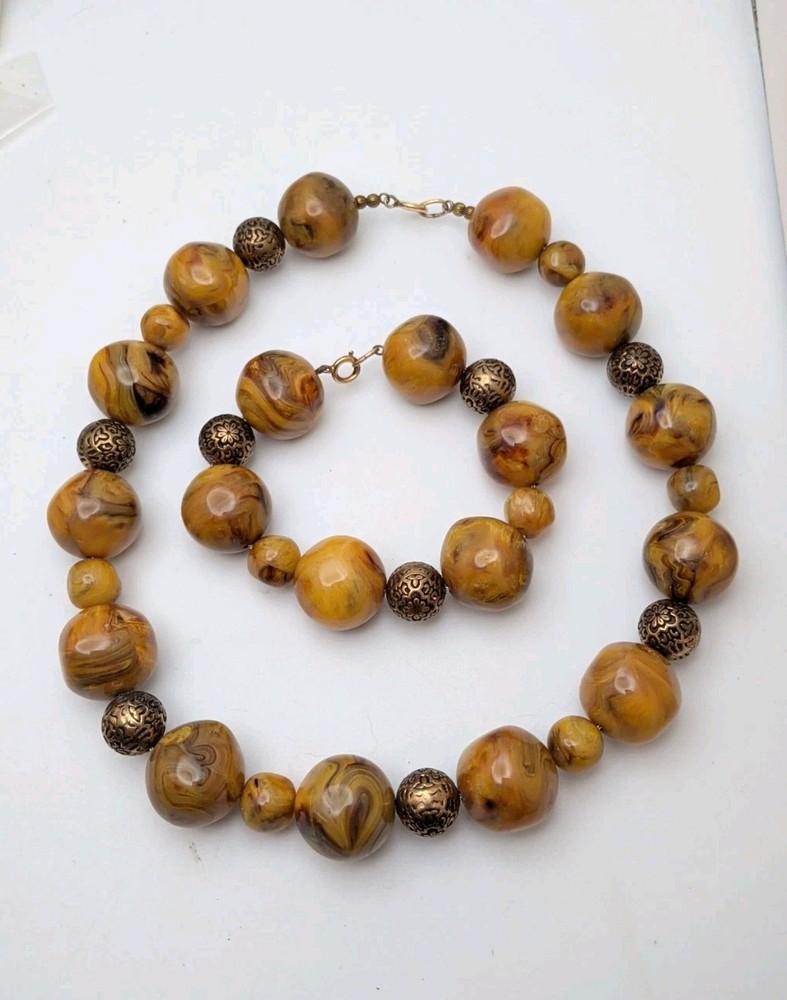 Vintage 195Os Orange Brown Mix Early Plastic Beads Necklace 17″ Bracelet 7″ Set