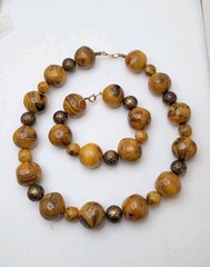 Vintage 195Os Orange Brown Mix Early Plastic Beads Necklace 17″ Bracelet 7″ Set