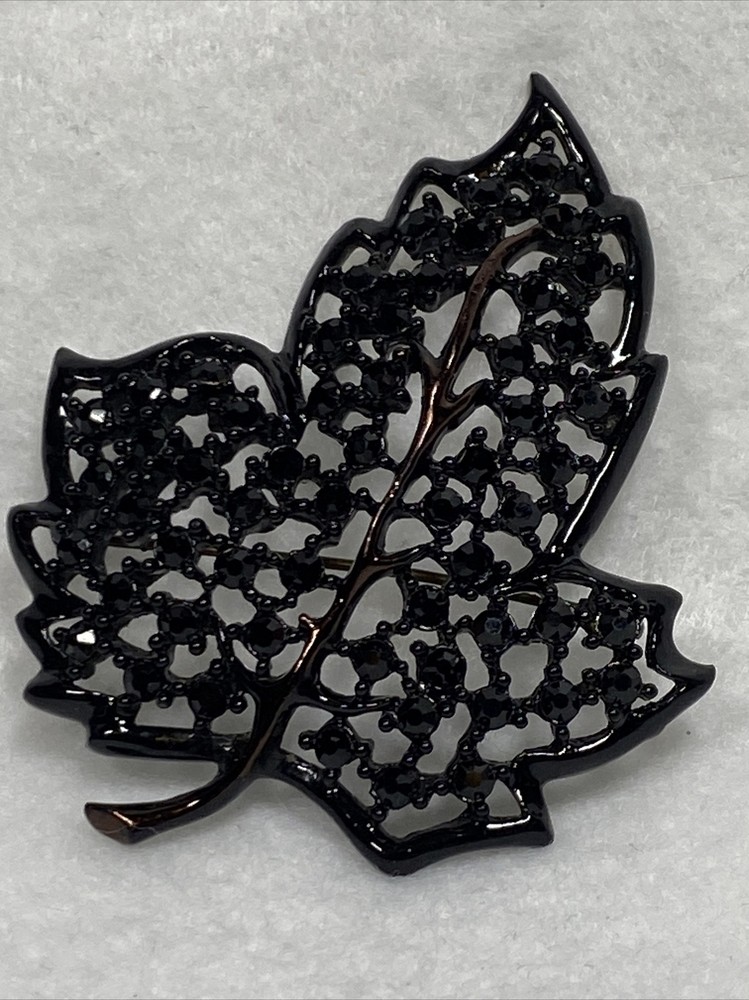 Vintage Black Rhinestone Maple Leaf Brooch Unsigned