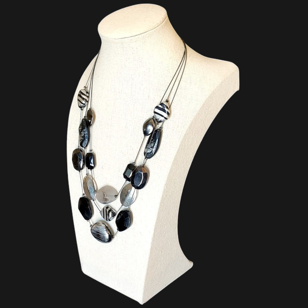 VTG NY Huge Triple Strand Art Glass Shimmer Beaded Statement Bib Necklace 21″