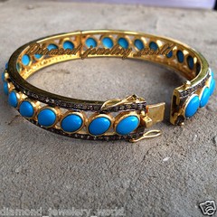 Vintage 2.49ct Rose Cut Diamond Turquoise Silver Amazing Bracelet Bangle Jewelry