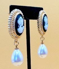 Gold Tone & Faux Pearls Pierced Dangle Cameo Earrings Contemporary