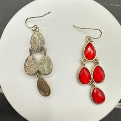 Gold-Tone Faceted Red Glass Stone Teardrop Dangle Drop Chandelier Earrings Retro