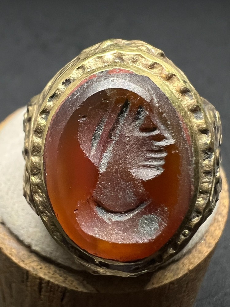Rare Ancient Bronze Ring Carved Red Agate Eastern King Antique Size 8 US