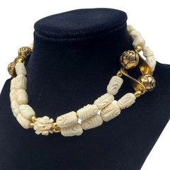 Acrylic Carved Off White Beaded Choker Necklace Brass Tribal Boho Ethnic Rose