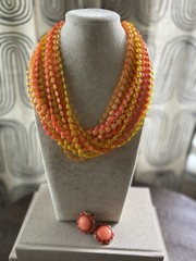 Vintage 1970s Multi-Strand Heart Bead Necklace + Clip-On Earrings Set Orange