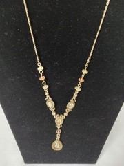 Vintage Style Brass Tone Iridescent Amber Cabochon Drop Necklace & Earrings Set