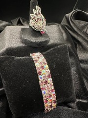 Vintage Pink Rhinestone Bracelet & Ring Set – Wide Art Deco Style Crystal Expans
