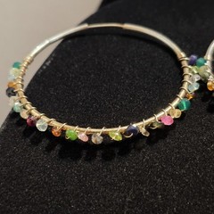 Large Vintage Sterling Silver with Gemstone Wire Wrap Hoop Earrings 2.05″