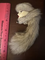 Vintage ‘Porcelain’ Lady’s Face Brooch, 5” Real Rabbit Fur Hat Profile Doll Pin