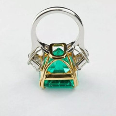 Transparent Green Emerald Cut 4.2CT Emerald & Two Fancy Diamond Three Stone Ring