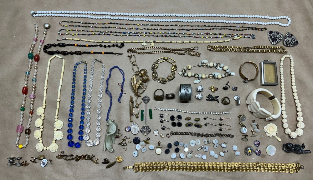 Nice Lot of Antique Jewelry – Glass Beads, Rhinestones, Hand Carved