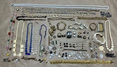Nice Lot of Antique Jewelry – Glass Beads, Rhinestones, Hand Carved