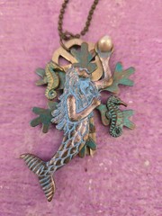 Steampunk Mermaid Key Necklace Long 32in Pendant Seahorses Pearl Bronze Sea Life