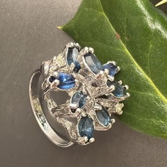 Vintage Spray Ring Estate Fine Jewelry Sz 7 18K White Gold Plated Blue Marquise