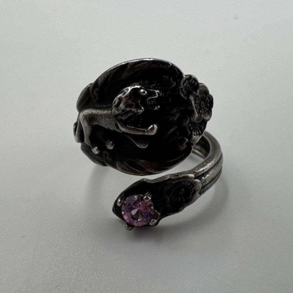 Vintage Sterling Silver 925 Leo & Pink Topaz 20.14mm Sz 6 Ring 6.1g