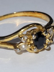 Vintage Genuine Sapphire & Simulated Diamond Trilogy Engagement Ring Size 7