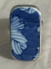 Vintage Blue & White Porcelain Shard Sterling Silver Ring 12.4 Grams Size 8