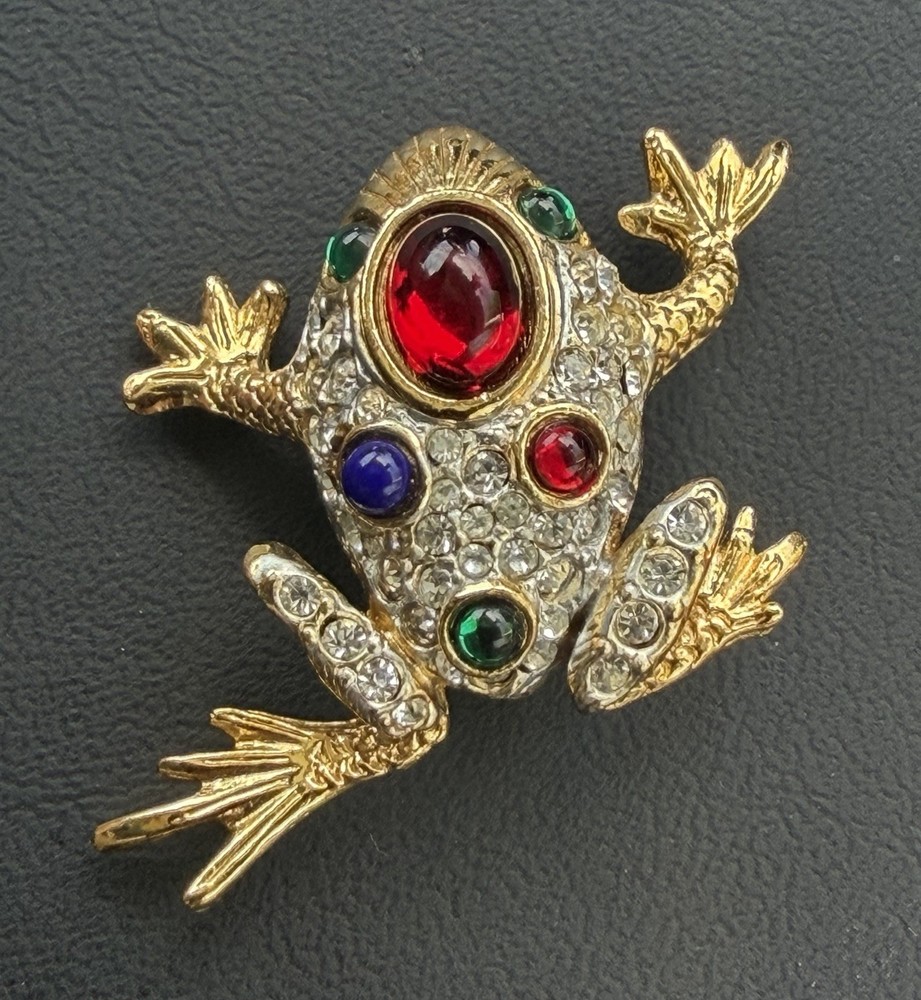 Vintage 80s Cabochon Gripoix Glass & Crystal Pavé Frog Brooch By Sphinx