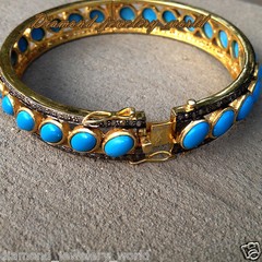 Vintage 2.49ct Rose Cut Diamond Turquoise Silver Amazing Bracelet Bangle Jewelry