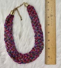 Vintage Statement Jewelry Set Gold Tone Purple Teal Beaded Necklace Earrings
