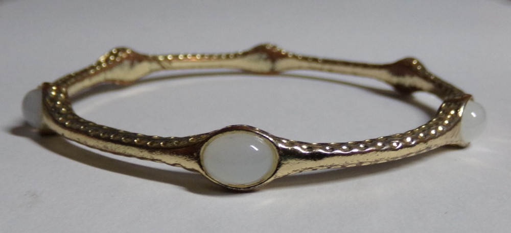 Vintage Moonstone Style Beads On Gold Tone Bangle Bracelet