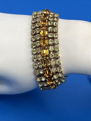 Vintage Amber Rhinestone Bracelet Gold Tone Triple Row Glows Green UV Reactive