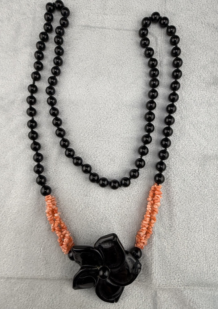 Vintage Pink Coral Stone Necklace Onyx Blossom Flower Pendant 32″