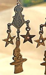Bronze-Toned Antique-Style Chandelier Dangle Earrings, Stars, Rabbit in Hat 2.5″
