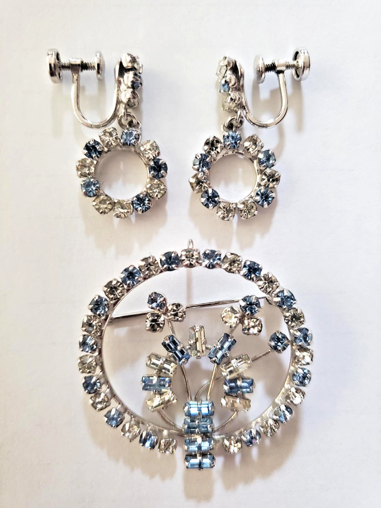 D’Or Sterling Silver Brooch Pendant & Earrings w/rhinestones & aquamarine