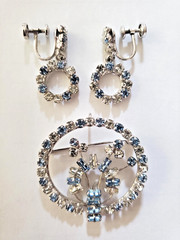 D’Or Sterling Silver Brooch Pendant & Earrings w/rhinestones & aquamarine