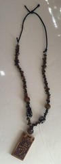 Asian Pendant Necklace Faux Ivory Wood Beads asian letter Brown Amber 15”