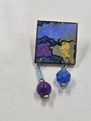 Vintage Artisan Enamel Copper Landscape Earrings Purple Blue Bead Dangle