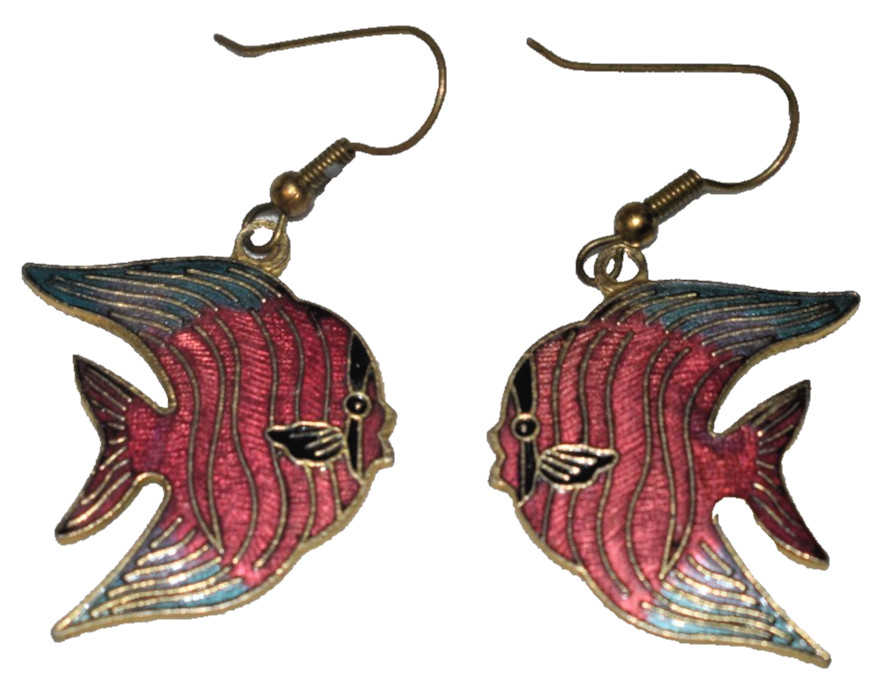 Vintage Red & Blue Cloisonne Enamel Angelfish French Wire Pierced Earrings