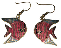 Vintage Red & Blue Cloisonne Enamel Angelfish French Wire Pierced Earrings