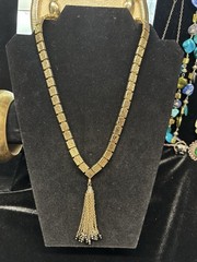 ⁠Vintage HOBE Gold Tone Necklace Block Links Tassel Drop Egyptian Modernist 70s⁠