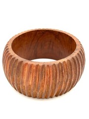 Wooden Bangle Bracelet Carved Ribbed Boho Vtg 1970s MCM Approx 1.5 Inches Wide