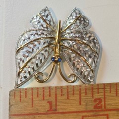 Vintage Avon Butterfly Brooch Silver Gold Tone Filigree Blue crystal Rhinestones