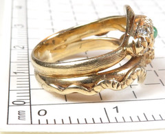 Vintage 14K Rose Gold Double Serpent Ring Diamond Natural Jade & Ruby Eyes Deco