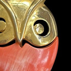 Vintage MCM Owl Pendant Gold Tone Orange Enamel 2.5 Inches Flaw READ
