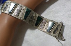HVY. STERLING PERUVIAN BRACELET W, TURQUOISE STONES 7″ wt. 74 grams