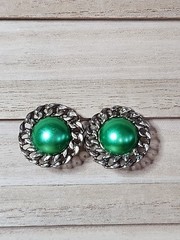 Vtg Green Clip On Earrings Silver Toned Unmarked Oval Fashion Jewlery