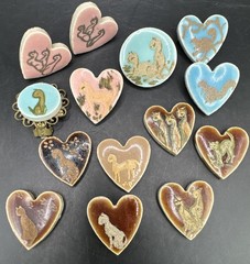 Vtg Miniature Ceramic Tile Lot Cats Hand Painted Brooch Squirrel Kitten Craft