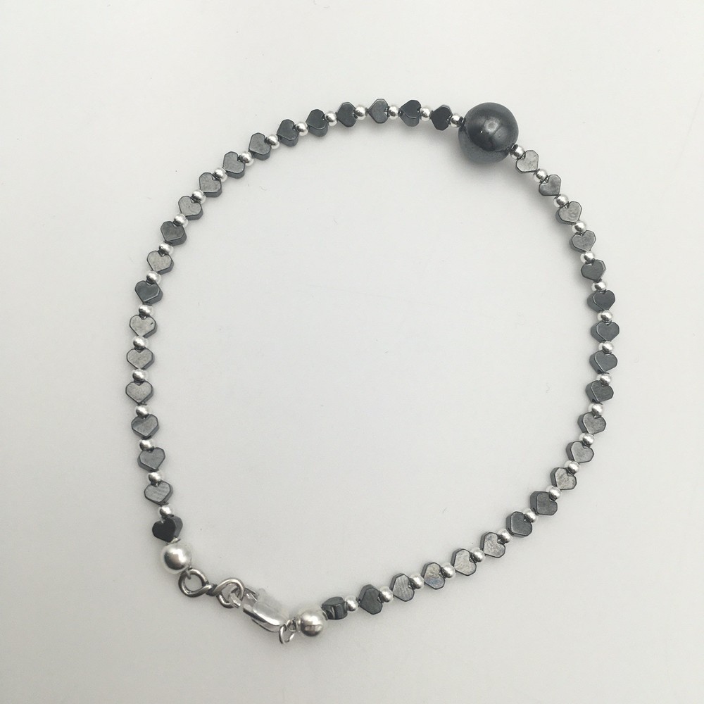 Sterling Silver & Hematite Heart Bracelet 7.75” Marked 925 4.5g #39