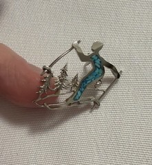 VTG Sterling Silver Turquoise Ski Skier Pin Snow Trees Winter Holiday Skiing