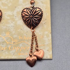 Vintage Wheeler Heart-Shaped Copper Dangle Earrings 2″ Chain Fringe w/ Hearts So