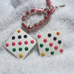 Avon Pink Cats Eye Bracelet and Vintage 80s Multi Color Dot Square Earrings lot