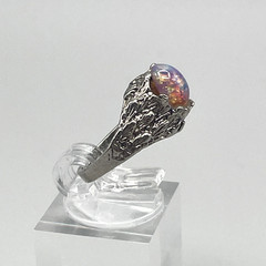 Intricate Czech Glass Rainbow Harlequin Faux Fire Opal Ring Silver-Tone 3.5 Ring